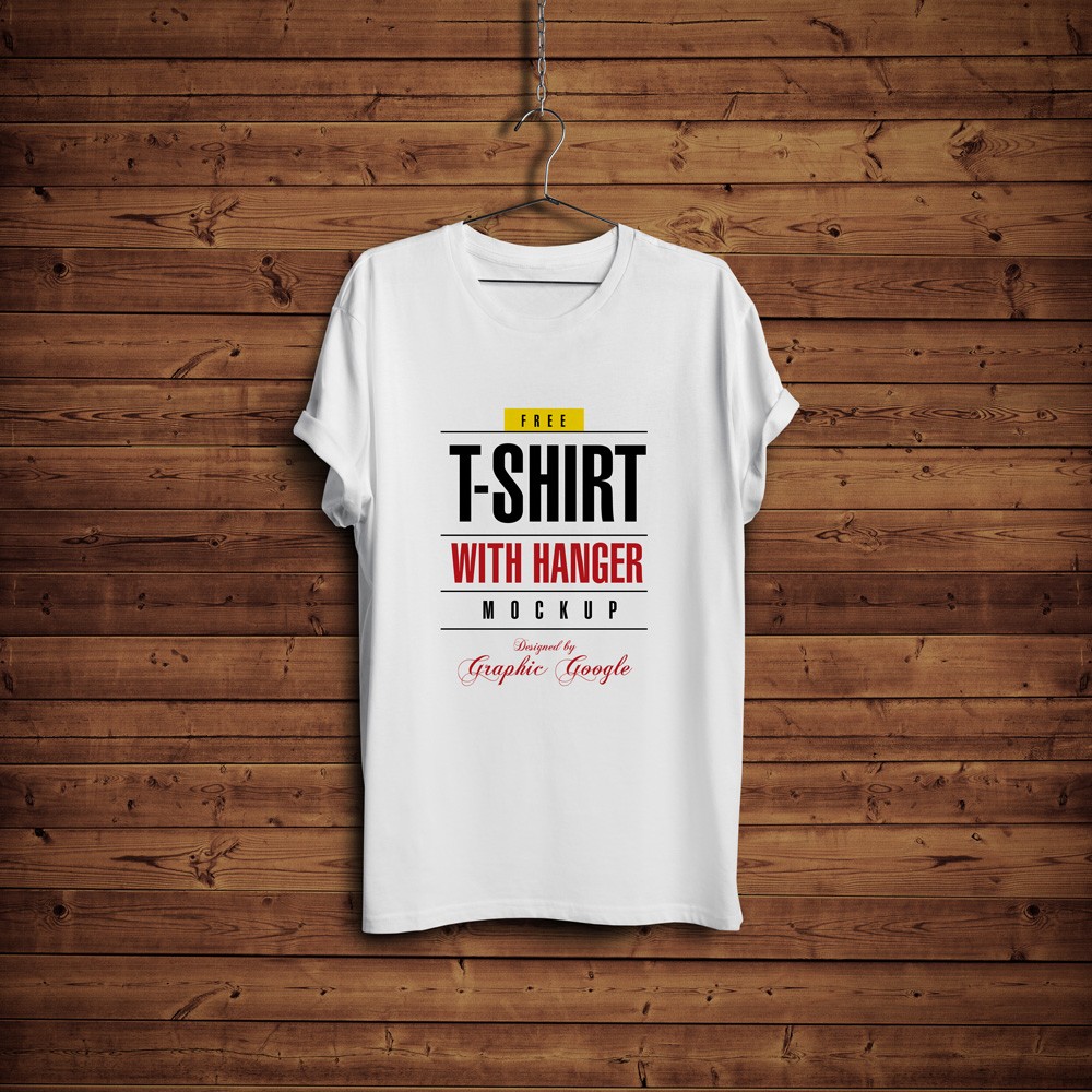 Free T Shirt Mock Up With Hanger Wooden Backgroundgraphic Google Tasty Graphic Designs Collection