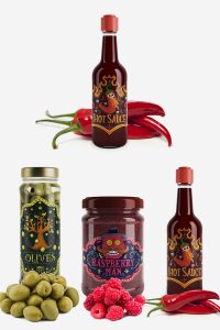 Creative-Packaging-Concept-For-Hot-Sauce,-Raspberry-Jam-And-Olives