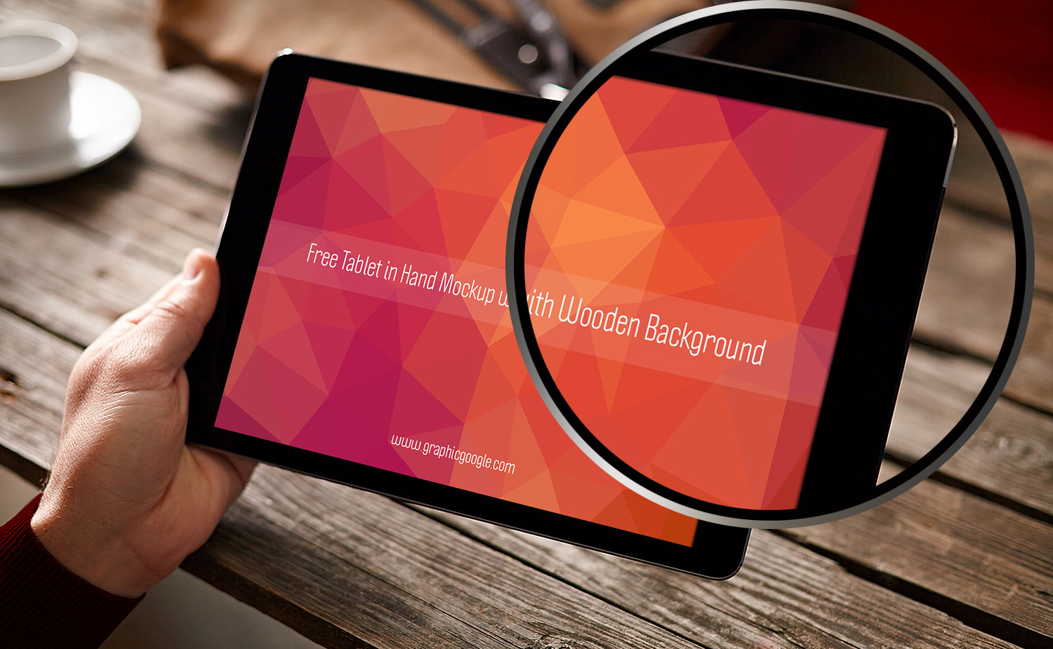 Free Tablet in Hand Mockup with Wooden Background-300
