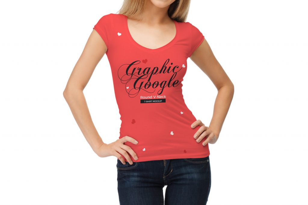 Download Free Beautiful Girl Wearing Round V-Neck T-Shirt ...