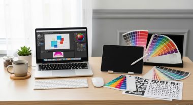 Graphic designer workspace with digital tools and color palette