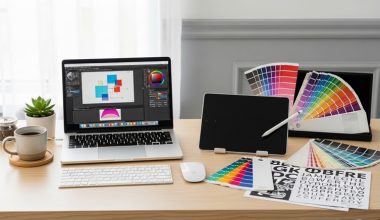 Graphic designer workspace with digital tools and color palette