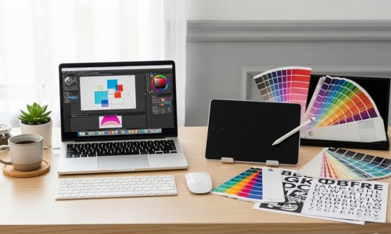 Graphic designer workspace with digital tools and color palette