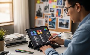 Beginner graphic designer practicing design projects