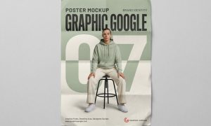 Photorealistic brand identity poster mockup PSD showing a vertical poster with realistic lighting and shadow overlays.