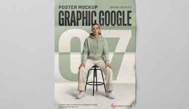 Photorealistic brand identity poster mockup PSD showing a vertical poster with realistic lighting and shadow overlays.
