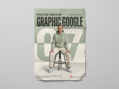 Photorealistic brand identity poster mockup PSD showing a vertical poster with realistic lighting and shadow overlays.