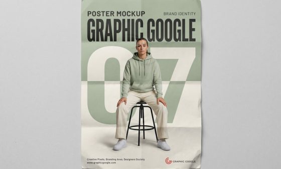 Photorealistic brand identity poster mockup PSD showing a vertical poster with realistic lighting and shadow overlays.